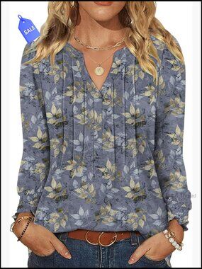 Long Sleeve Tunic Top with Pleated Ruffle V-Neck for Work Casual